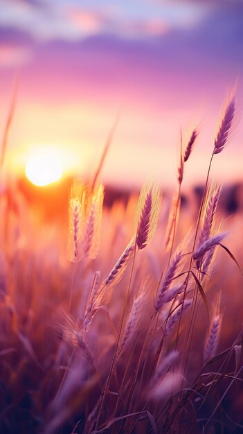 Photo au milieu d'un champ d'herbe pourpre, la lumière du soleil brille sur lui.