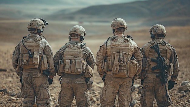 Au milieu d'un désert arabe un groupe de soldats en uniforme ont une conversation tout en se battant