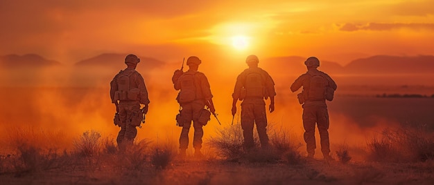 Au milieu d'un désert arabe un groupe de soldats en uniforme ont une conversation tout en se battant
