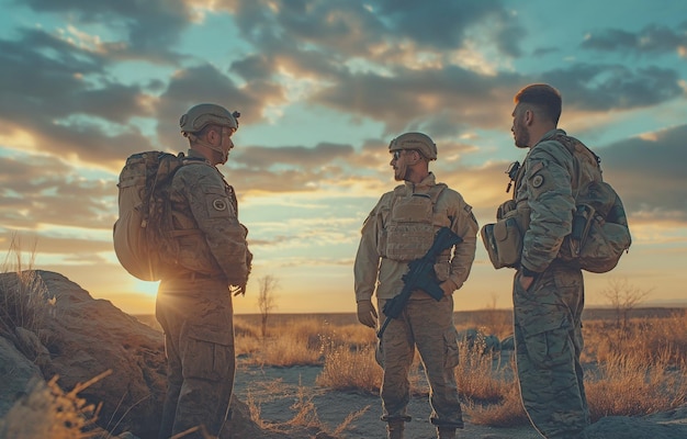 Au milieu d'un désert arabe un groupe de soldats en uniforme ont une conversation tout en se battant