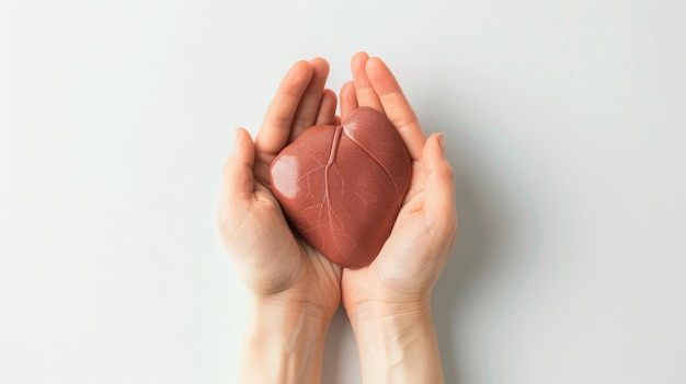 Photo au milieu des deux paumes d'une femme se trouve un foie humain. c'est un symbole d'un foie en bonne santé sur un fond blanc isolé.