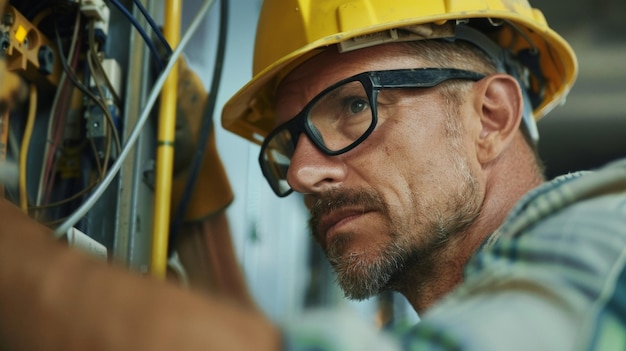 Photo au milieu du chaos animé d'un chantier occupé, un électricien résout patiemment un problème