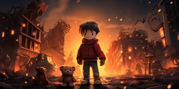 Photo au milieu du chaos des bâtiments en feu, un petit enfant se tient avec une expression déterminée en serrant un ours en peluche.