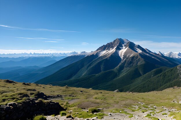 Au milieu du ciel bleu, des sommets majestueux s'élèvent, une tapisserie panoramique de splendeur montagneuse.