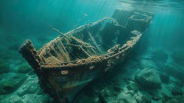 Au milieu du monde sous-marin tranquille, la coque rouillée d'une épave médiévale raconte une histoire silencieuse.