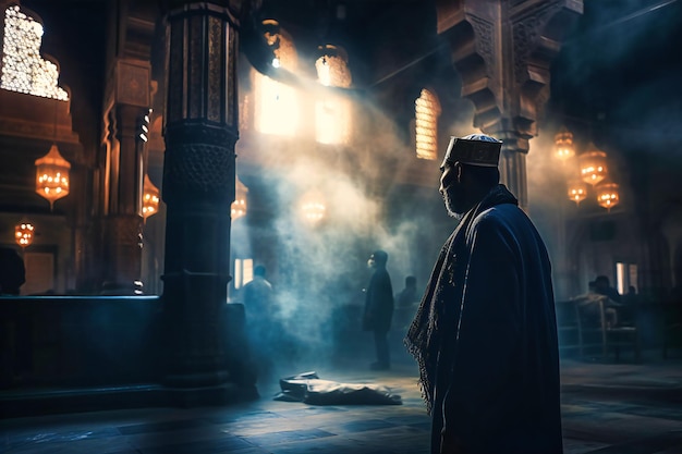 Au milieu d'un éclairage éthéré et de volutes de fumée, la silhouette d'un musulman pieux prie dans une ancienne mosquée