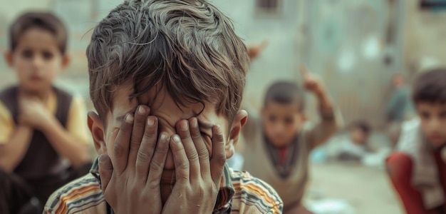 Au milieu d'un fond animé, un enfant cache son visage pour capturer un moment personnel de paix.