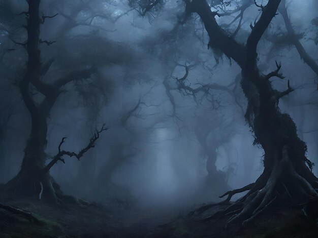 Au milieu d'une forêt dense entourée de brouillard, des branches tordues.