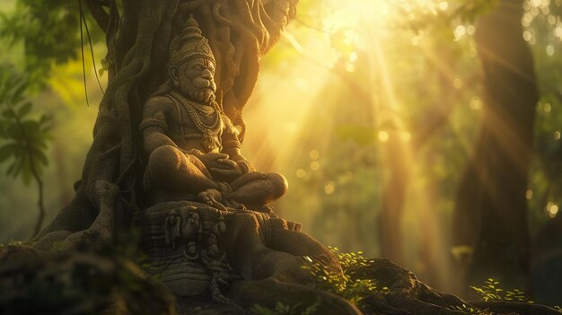 Photo au milieu d'une forêt luxuriante baignée dans la lumière dorée de l'aube, visualisez une imposante idole de hanuman sculptée dans les anciennes racines des arbres.