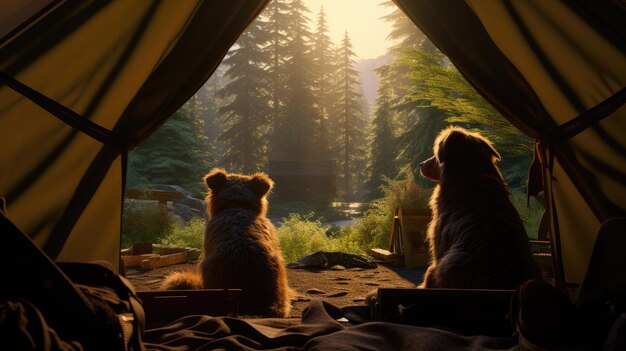 Photo au milieu de la forêt tranquille, une tente confortable est dressée et à l'intérieur, deux chiens heureux se reposent côte à côte, agitant leur queue d'excitation alors qu'ils profitent d'une aventure de camping.