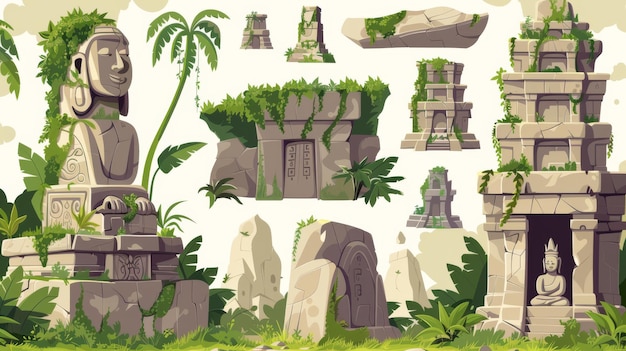 Au milieu d'une jungle, un temple en pierre avec des lianes et de l'herbe semble ancien. La construction du temple a été abandonnée et est en ruines.