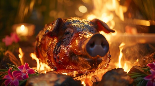 Photo au milieu de la lueur chaude d'un feu rugissant, un cochon magnifiquement vitré occupe le centre de la scène au hawaiian