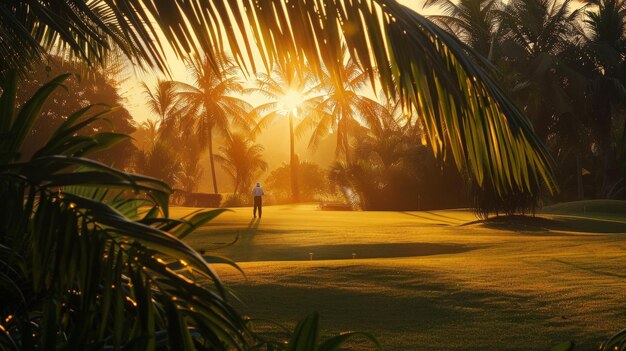 Au milieu de la lumière déclinante du jour, le golfeur au coucher du soleil se délecte de la magie du moment. Leurs sens s'accentuent alors qu'ils se plongent dans la beauté de la nature.