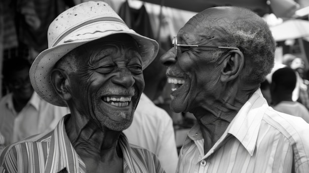 Au milieu d'un marché en plein air animé, deux hommes âgés partagent un moment de pure joie alors qu'ils craquent