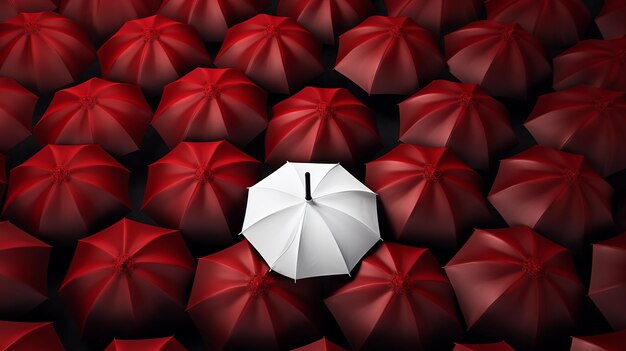 Photo au milieu des parapluies rouges, le parapluie blanc représente le concept de se démarquer pour la sélection.