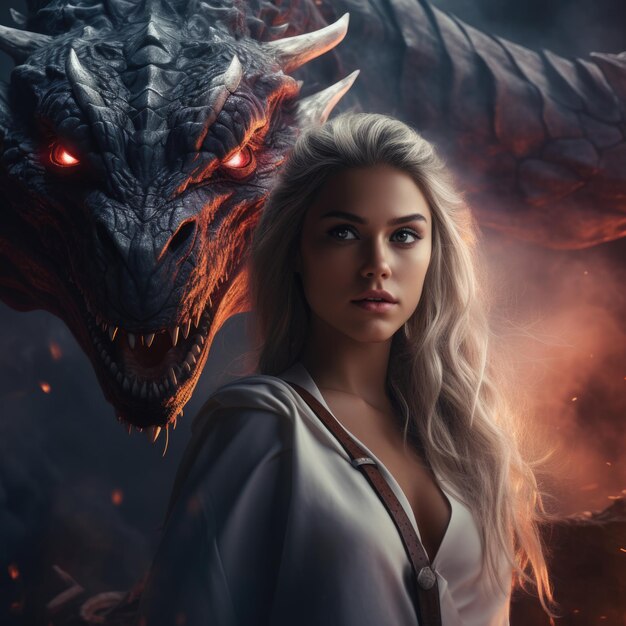 Photo au milieu d'un paysage magique, une femme fantastique et un majestueux dragon partagent une connexion tacite générée par l'ia.