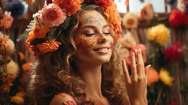 Photo au milieu d'une pièce remplie de fleurs vibrantes, une femme se brosse un masque infusé de fleurs sur sa peau.