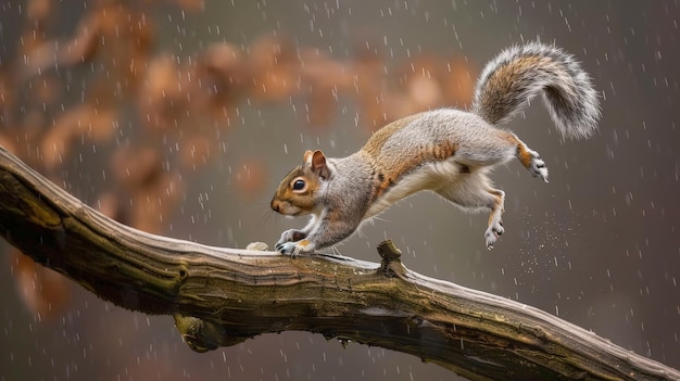 Au milieu de la pluie, un écureuil gris saute de branche en branche, sa détermination inébranlable alors qu'il chasse pour se nourrir dans la forêt humide.