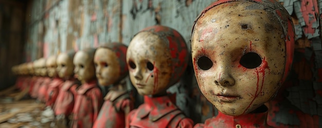 Photo au milieu des ruines d'une civilisation, des poupées squelettes aux visages ensanglantés laissent entendre l'indicible.