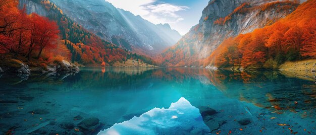 Au milieu des teintes d'automne, un lac de montagne exhale un mystère avec ses eaux turquoises.