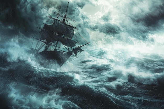 Photo au milieu d'une tempête en mer, un capitaine dirige son aïe générative.