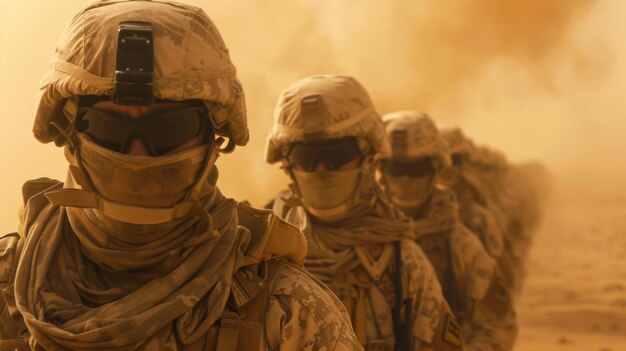 Photo au milieu d'une tempête de sable flamboyante dans le désert, une file d'officiers avance avec leurs lunettes de protection et