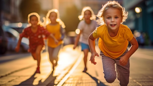Photo au petit matin, des enfants accélèrent dans une course pour enfants dans une rue de la ville en se concentrant sur leurs jambes l'ia générative
