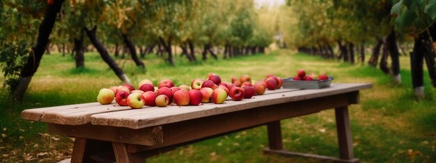 Au premier plan une branche avec des pommes mûres haute définition et une table en bois sur fond de jardin Ai générative