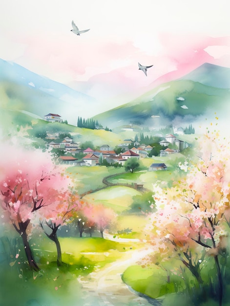 Au printemps, des pêchers roses, des montagnes vertes, des bâtiments anciens, quelques hirondelles, beaucoup de brouillard d'espace blanc, des couleurs fraîches et lumineuses. Illustration pour enfants aquarelle générat ai