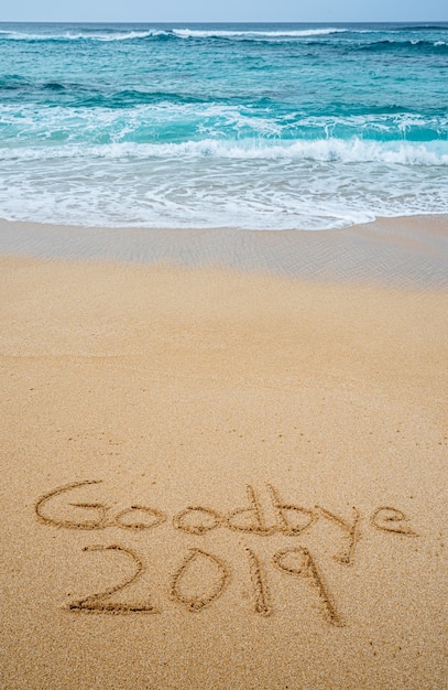 Au revoir 2019 écrit dans le sable