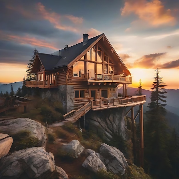 Au sommet d'une maison en bois et au coucher du soleil