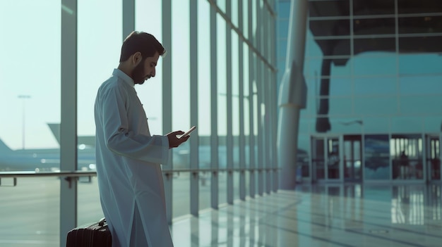 Au terminal de l'aéroport, un bel homme arabe avec une valise navigue sur Internet mobile sur son téléphone pendant qu'il attend l'embarquement du vol.