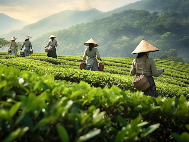 à l'aube brumeuse, des femmes vietnamiennes collectent des feuilles de thé générées par IA