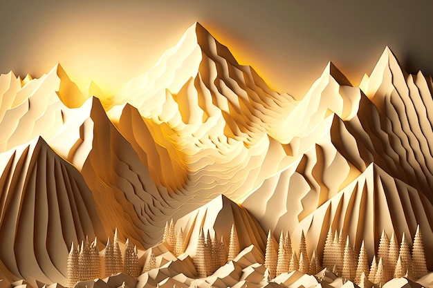 Aube dorée dans le paysage d'hiver de papier de montagnes