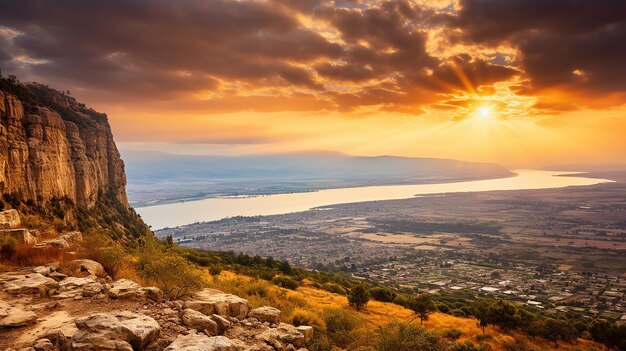 L'aube embrasse le lever du soleil Vue de la mer de Galilée