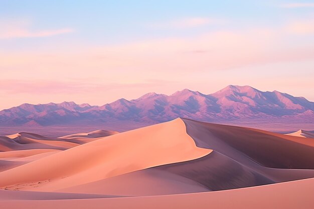 L'aube pastel sur les dunes du désert et les montagnes lointaines