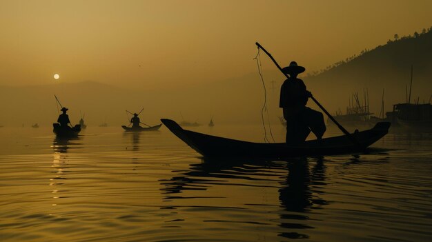 Photo À l'aube, la silhouette des pêcheurs birmans traditionnels projette une image sereine contre les eaux brumeuses du lac inle alors qu'ils commencent leur journée de travail avec une détermination inébranlable.