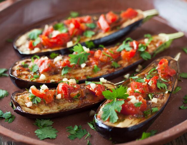 Photo aubergine cuite au four avec tomates, ail et paprika