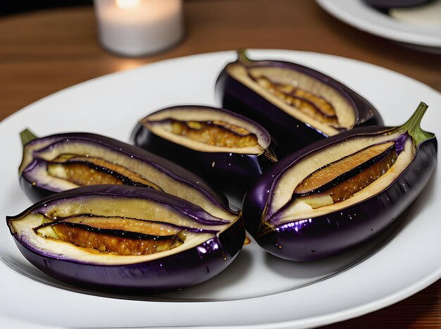 Aubergine cuite réaliste Tones neutres éclairage chaud détails complexes Atmosphère confortable restaurant en gros plan pas de gens IA générative générée