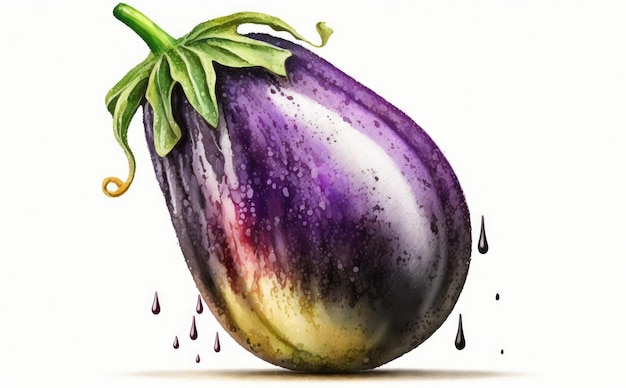 Une aubergine dessinée sur fond blanc illustrations d'aliments biologiques végétaux aquarelle générées par ai