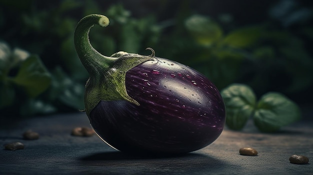 Aubergine avec des gouttes d'eau sur une table en bois générative ai