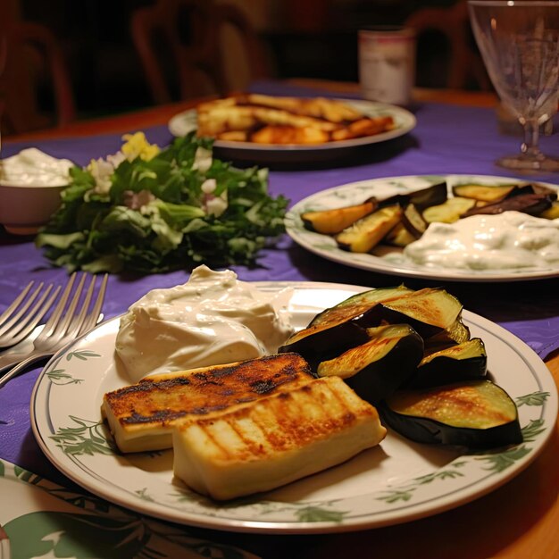 Aubergine grillée au fromage et à la crème sure sur une assiette