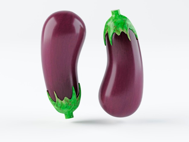 Aubergine ou légume aubergine isolé sur fond blanc découpe rendu 3D de légumes violets