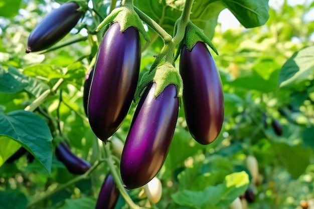 Aubergine sur une plante avec aubergine violette