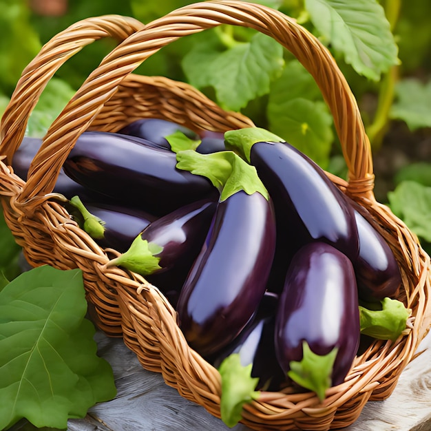 aubergine violette dans un panier avec des feuilles et des feuilles