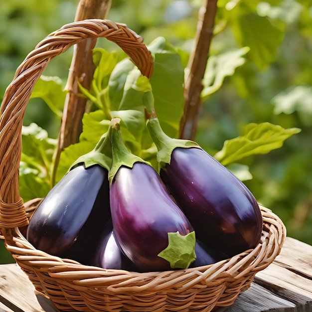 une aubergine violette dans un panier en osier sur une table en bois