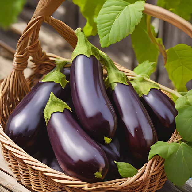 une aubergine violette dans un panier en osier sur une table en bois