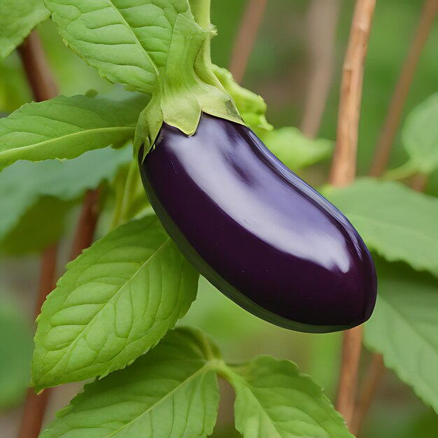 une aubergine violette est sur une plante avec des feuilles vertes