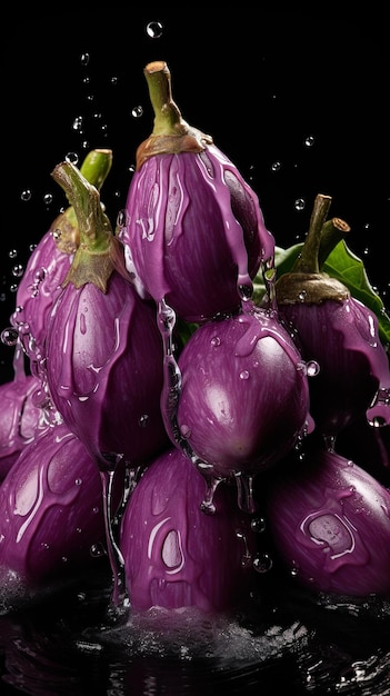 Photo une aubergine violette est pulvérisée avec de l'eau