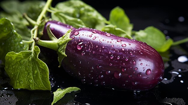 Aubergine violette avec une feuille en gros plan